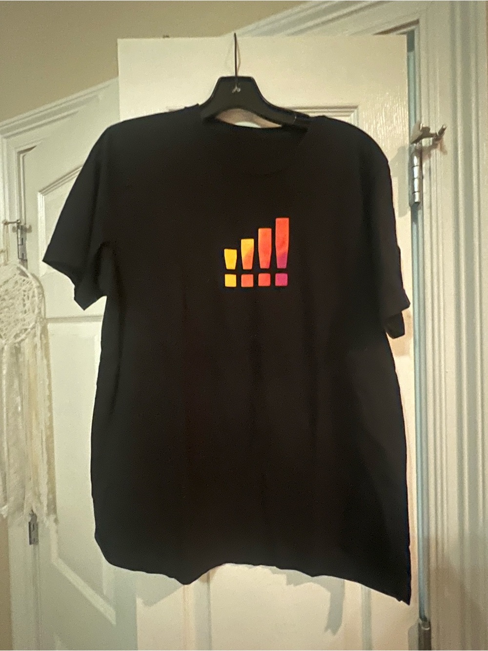 Verizon employee Black Graphic T-Shirt with Orange-Pink Gradient Bars